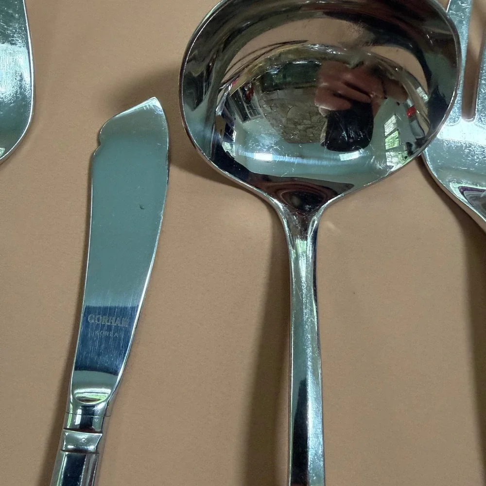 Gorham Colonial Tipt Glossy Stainless Hostess Serving Set Forks Ladle Spoon 5pc